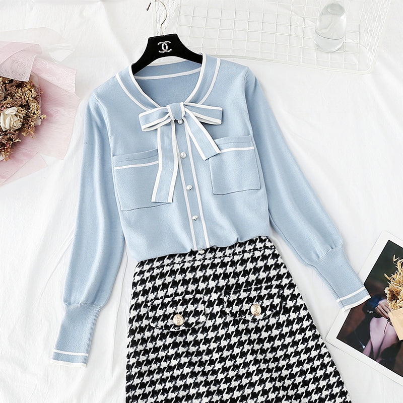 Knitwear + tweed skirt two piece dress   3951