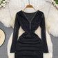Sexy Hong Kong Style zipper split hip long sleeve V-neck dress  3788