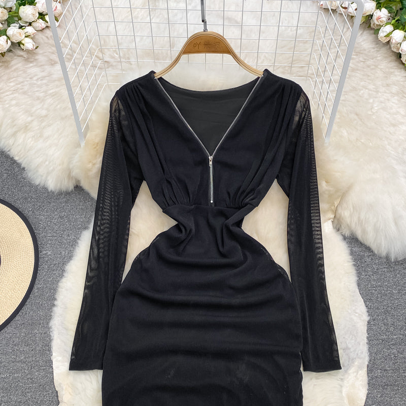 Sexy Hong Kong Style zipper split hip long sleeve V-neck dress  3788