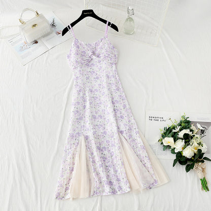 Design sense niche purple fishtail skirt Chiffon floral suspender dress  4124