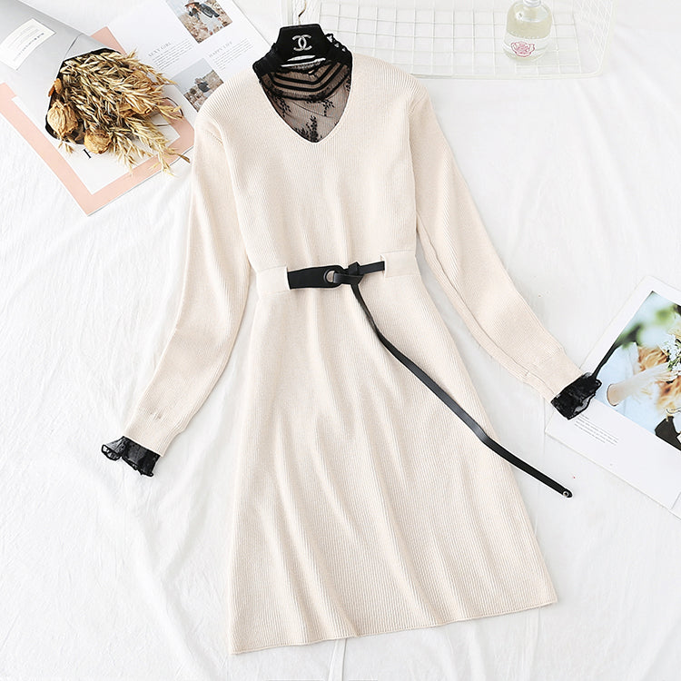 Sweater lace backing temperament fake two skirts  3796