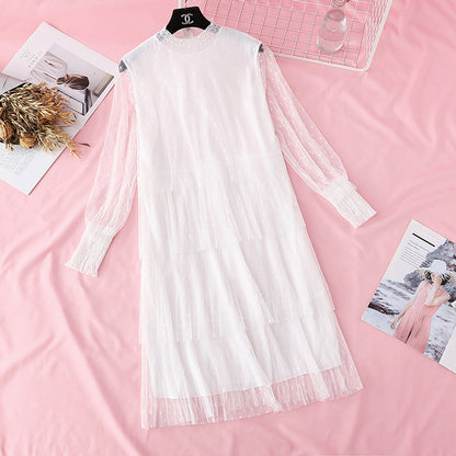 Japanese soft wind mesh cake bottomed long skirt  4494