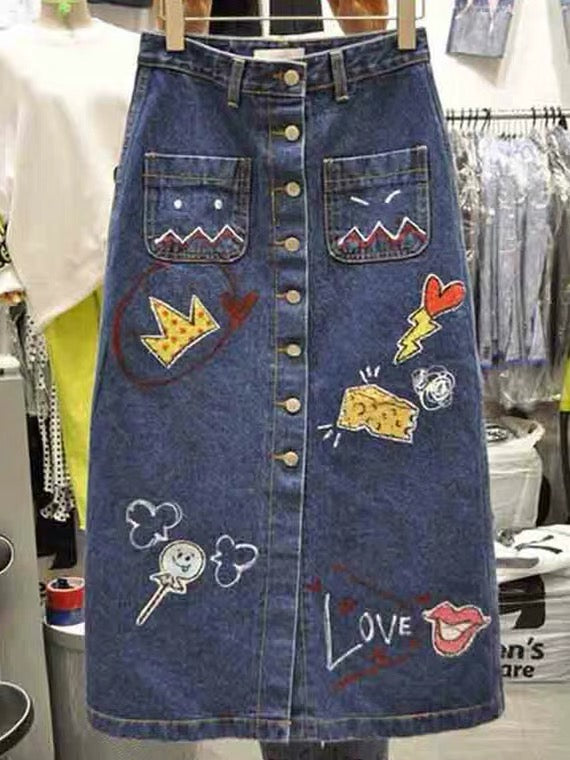 Spring and autumn new style, fashion cowboy skirt, women bodycon denim skirt,cute print A line long skirt  3671