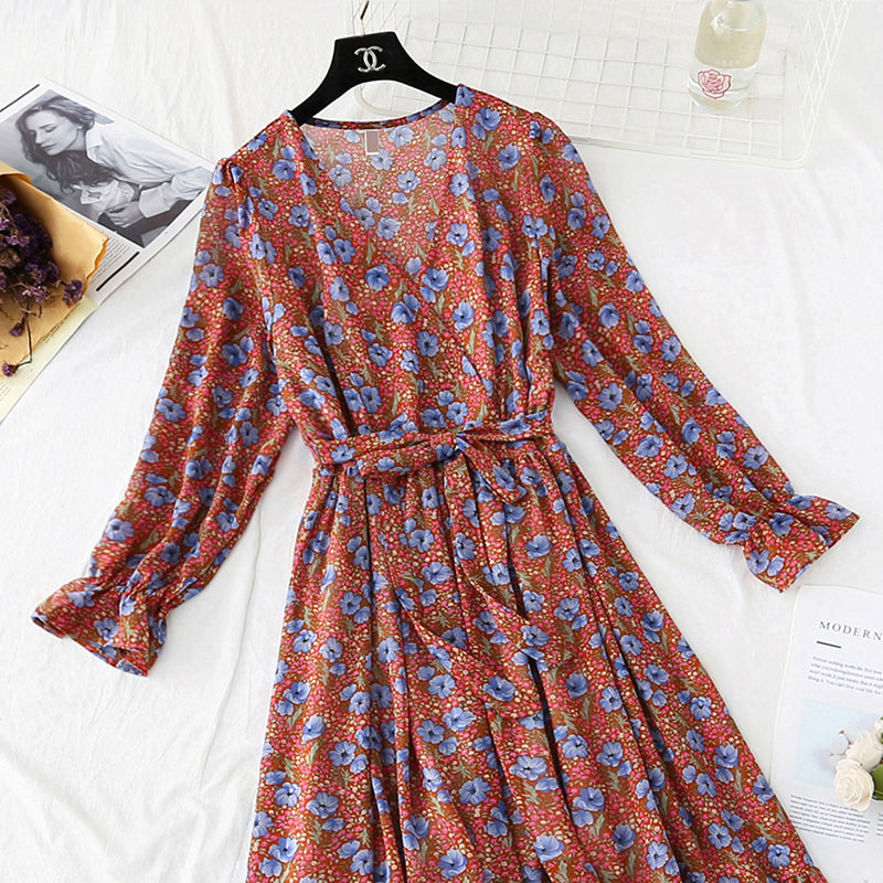 V-neck floral skirt with a slim waist and a long skirt with a large swing  4029