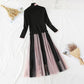 Fashion stitching waist closing mesh pleated bottom skirt  4446