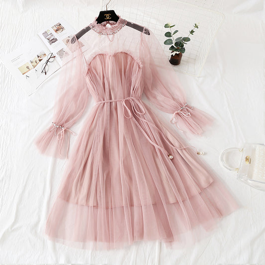 Mesh dress with Beaded long sleeve lace  4307