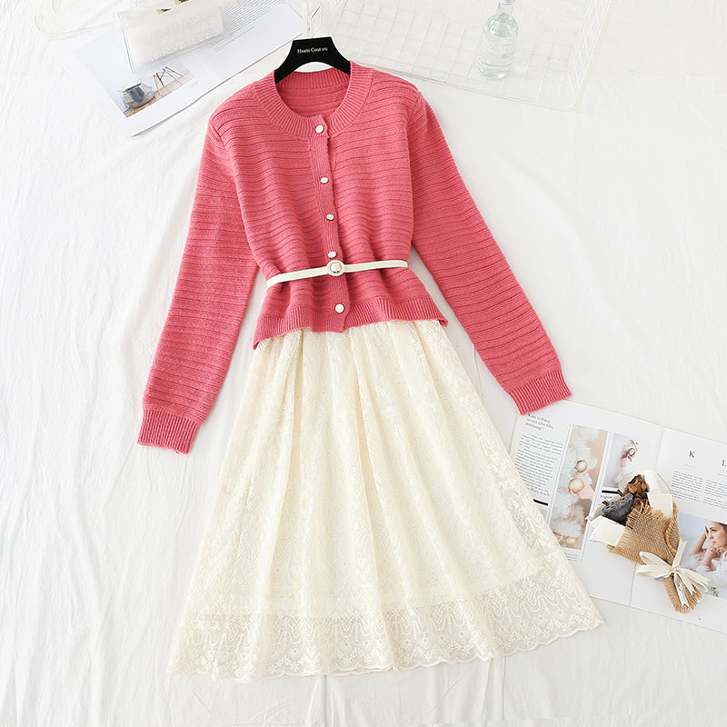 Sweater with lace skirt age reduction suit fashion two-piece suit  4557