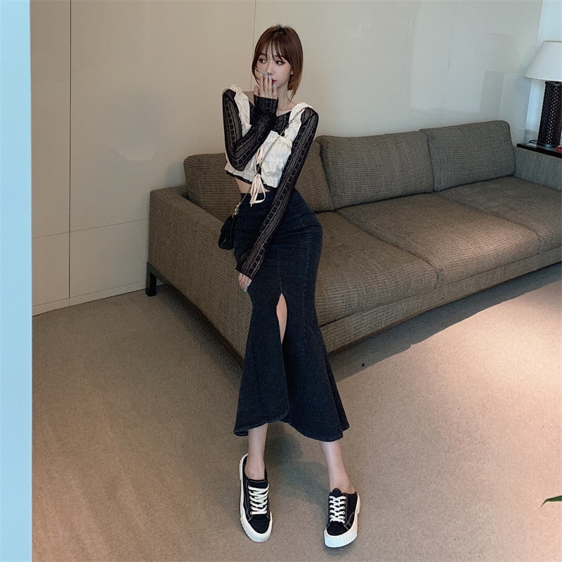 Fashion Mermaid Skirt, New Style, High Waist, Midi Hip Skirt, Vintage Denim Skirt  3570