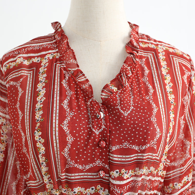 V-neck floral skirt elegant long sleeve dress  3739