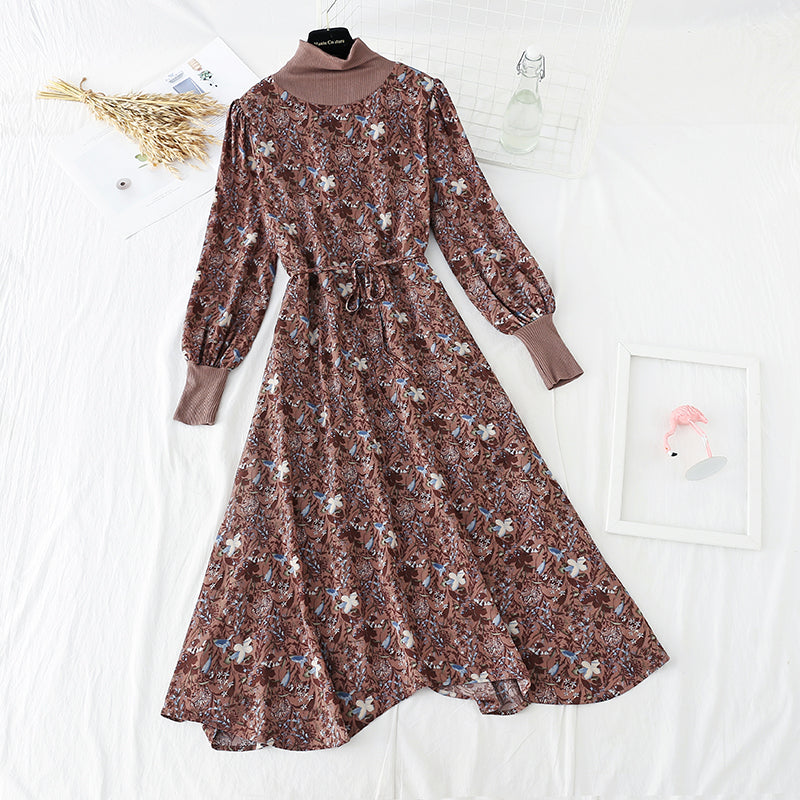 High neck floral dress with coat stitching  4783
