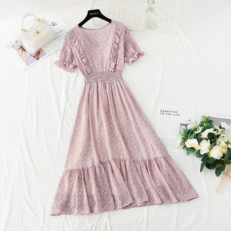 New French gentle style V-neck fungus edge Chiffon temperament small skirt  4858