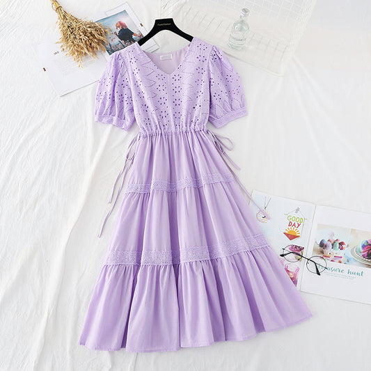 New hollow out Crochet skirt bubble sleeve French fairy dress  4168