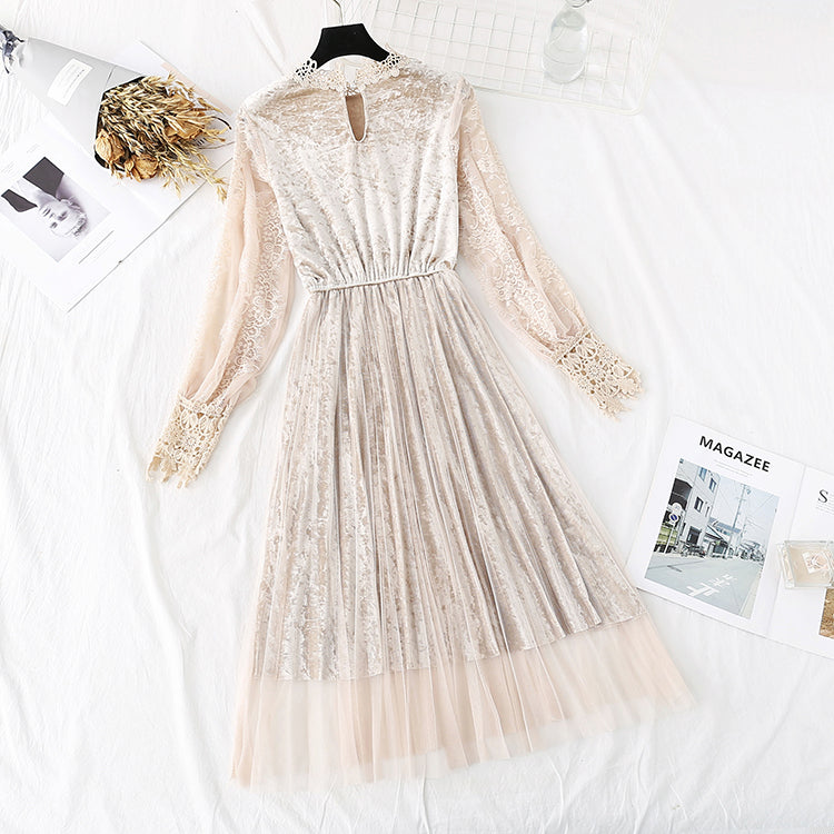 New lace pleated fairy gold velvet mesh dress  4483