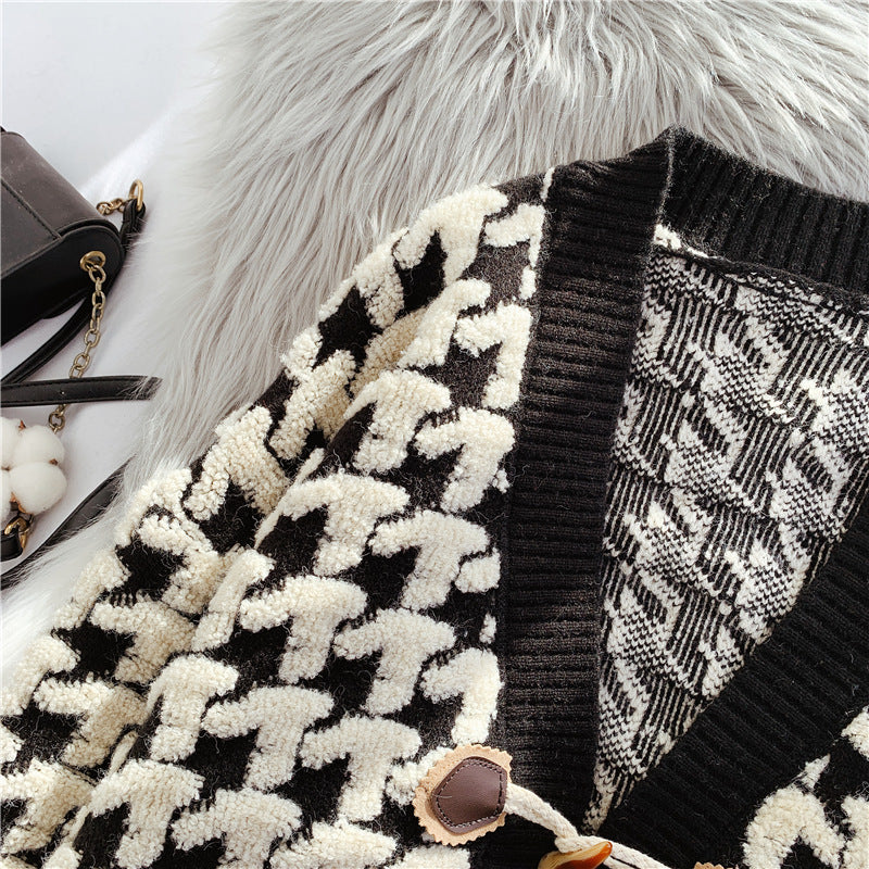 Thousand bird lattice ox horn buckle sweater coat female  4925