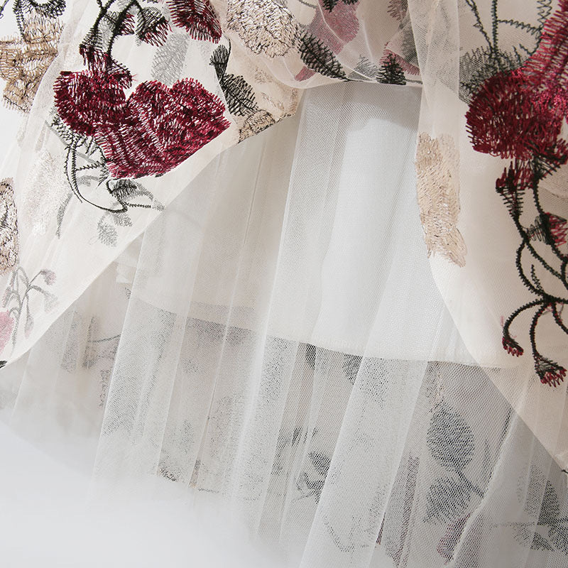 Embroidered large flowers, stylish, sweet mesh midi fairy skirt  3632