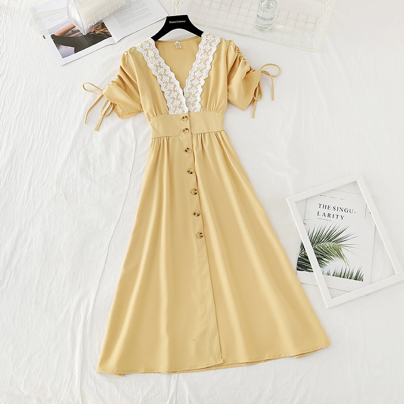 New lace edge bubble sleeve French retro dress  4166