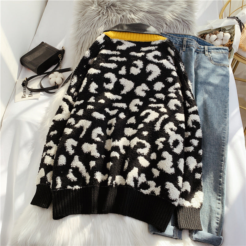 Gestrickte Strickjacke im Leopardenmuster im ausländischen Stil, europäische Ware 5105