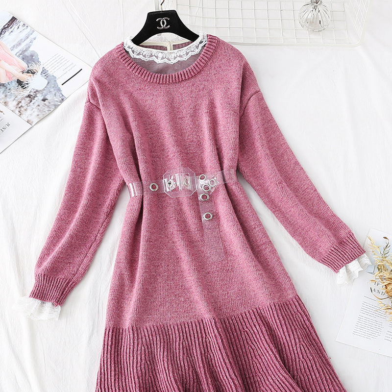 Knitted over knee wool dress with mesh inner skirt  3999