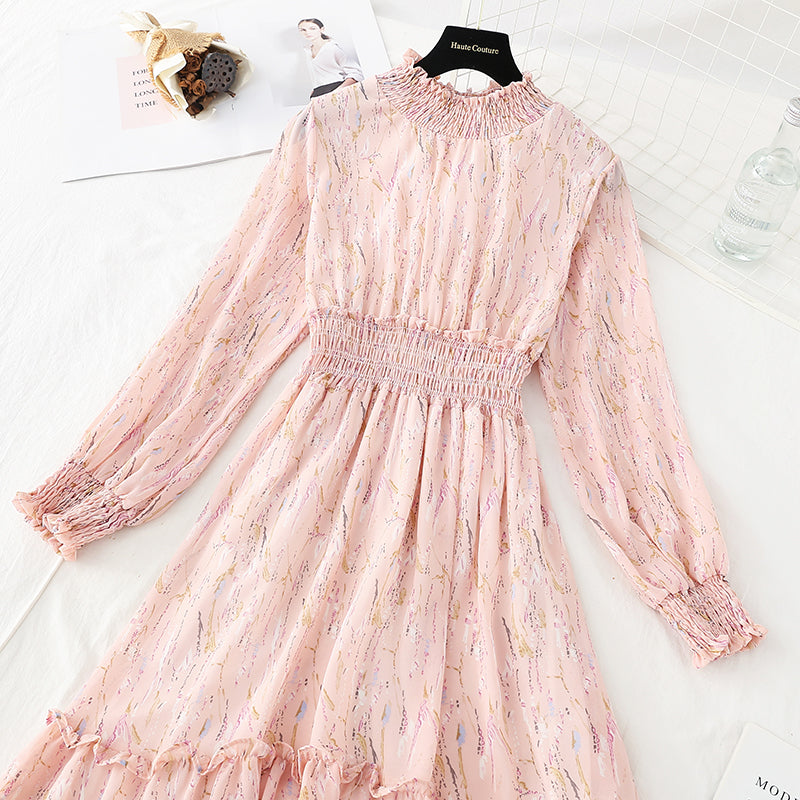 Long sleeved floral dress with slim waist  4713