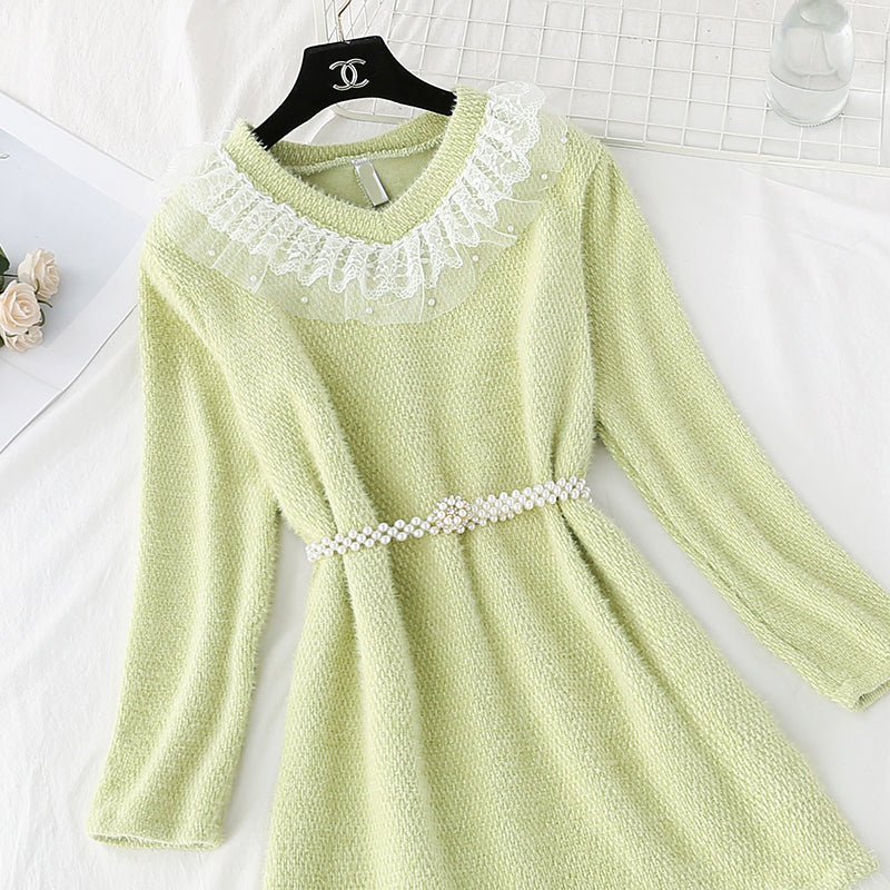 Mink plush fur sweet Ruffle lace stitched bottomed skirt  3953