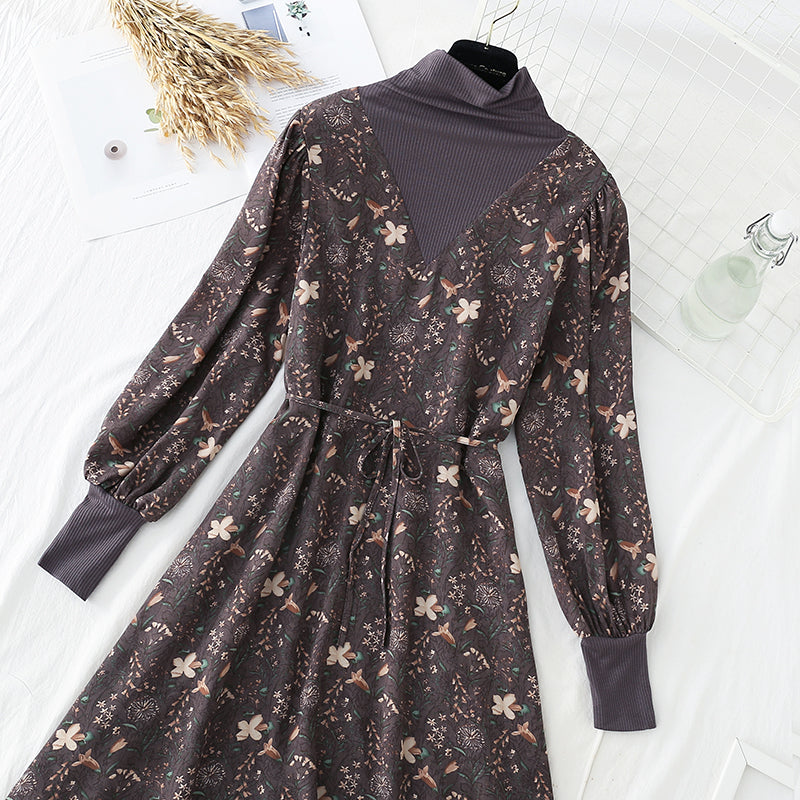 High neck floral dress with coat stitching  4783