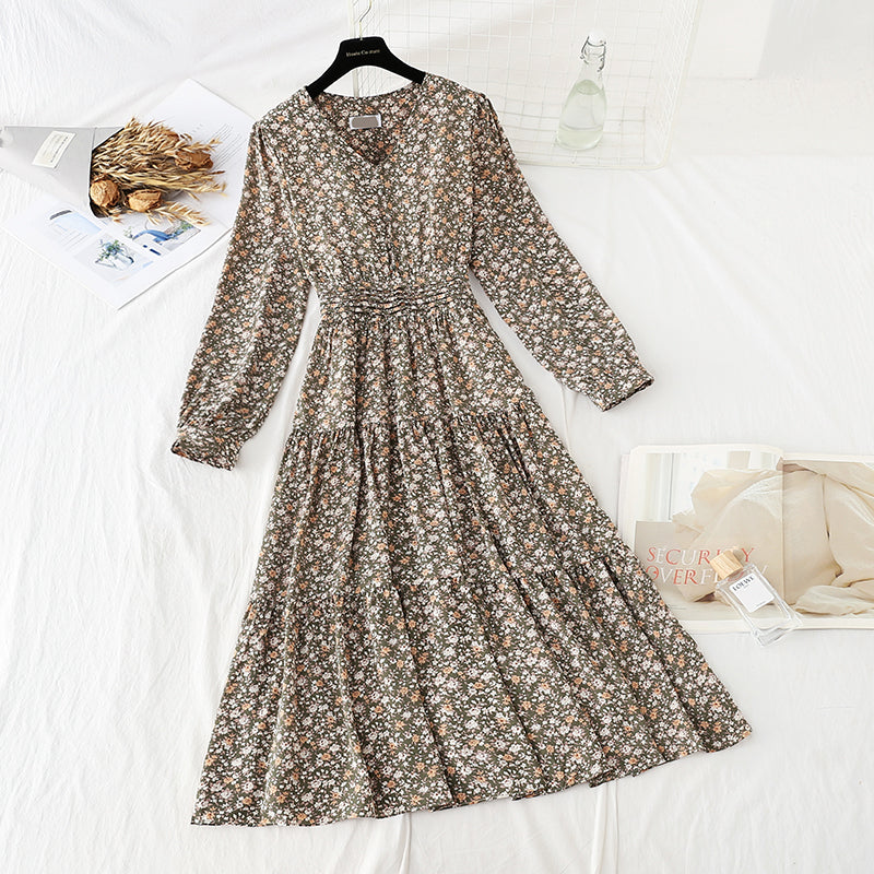 V-neck elastic waist covering belly, thin broken flower bottomed skirt  4057