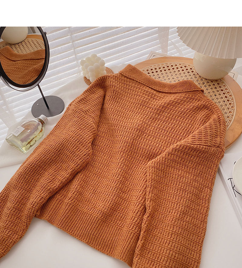 Casual Vintage Lapel long sleeve loose knit top  5872