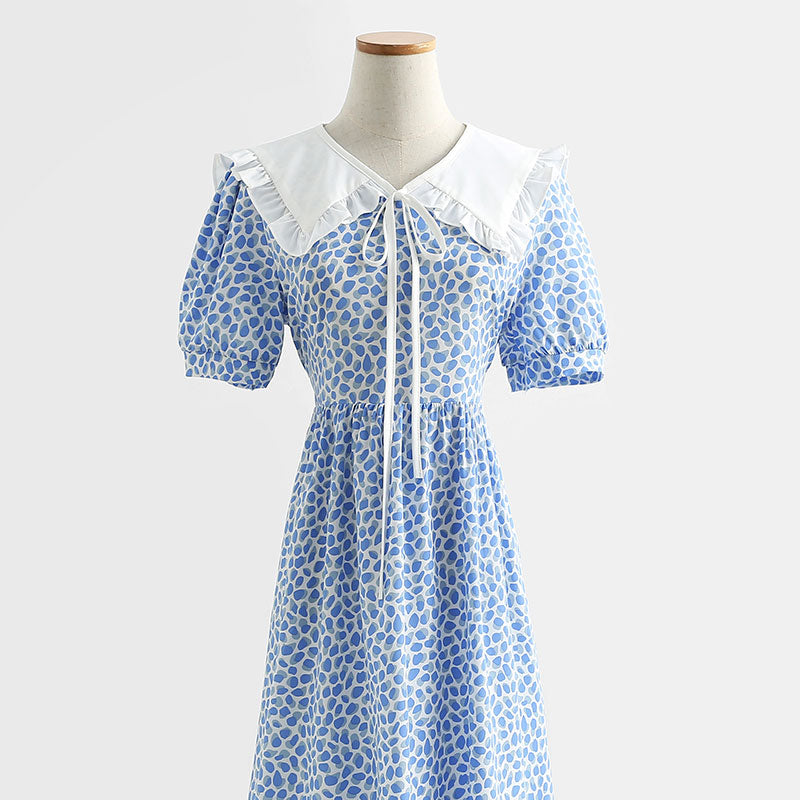 French retro doll neck cotton linen Floral Dress  4290