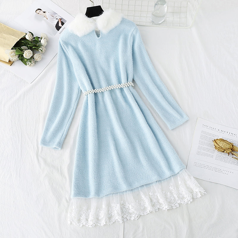 Seahorse wool knitted dress fake two pieces of stitched lace  4777