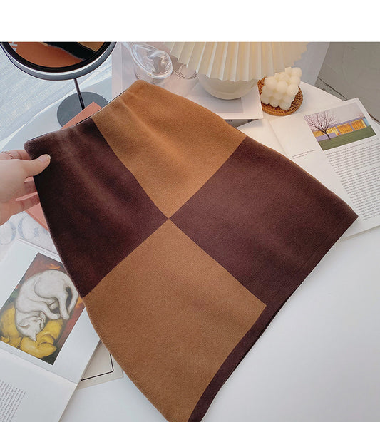 Hong Kong Style Vintage Plaid high waist wrap hip A-line skirt  5456