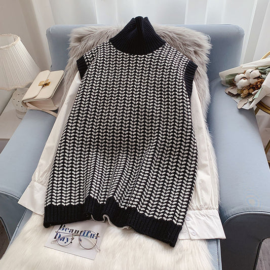 Gilet col montant pull gilet tricoté femme sans manches 5002