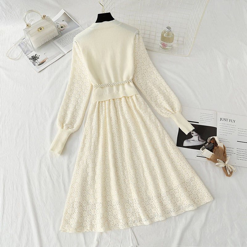 New knitted bottomed dress women's lace patchwork skirt  4441