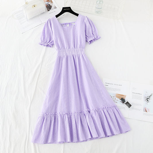 Cotton hemp hook embroidery French retro waist closing slim skirt  4202