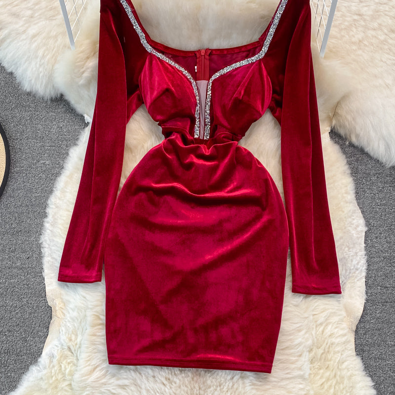 Velvet with diamond temperament, slim waist, sexy hip wrap dress  3750