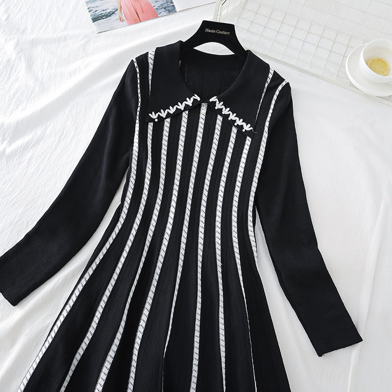 Jupe tricotée à rayures à manches longues et à fond fin, style rajeunissant, 3916