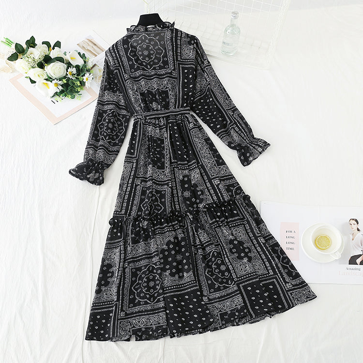 Temperament gentle wind long sleeve skirt high thin dress  3914