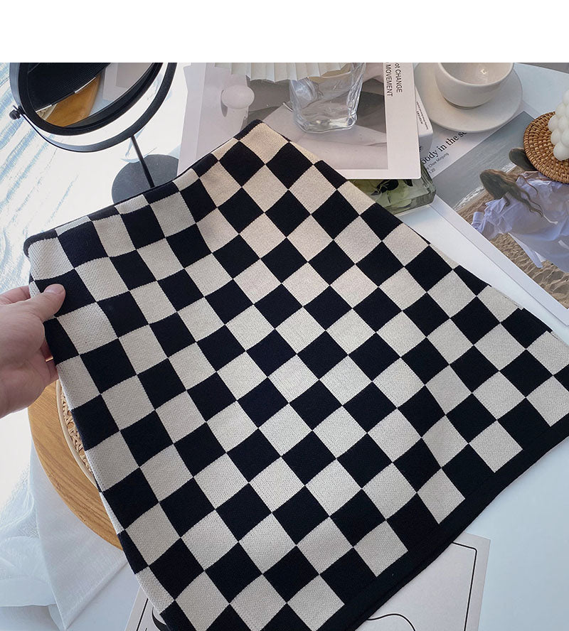Chessboard Plaid Vintage knit bag hip slim skirt  5277