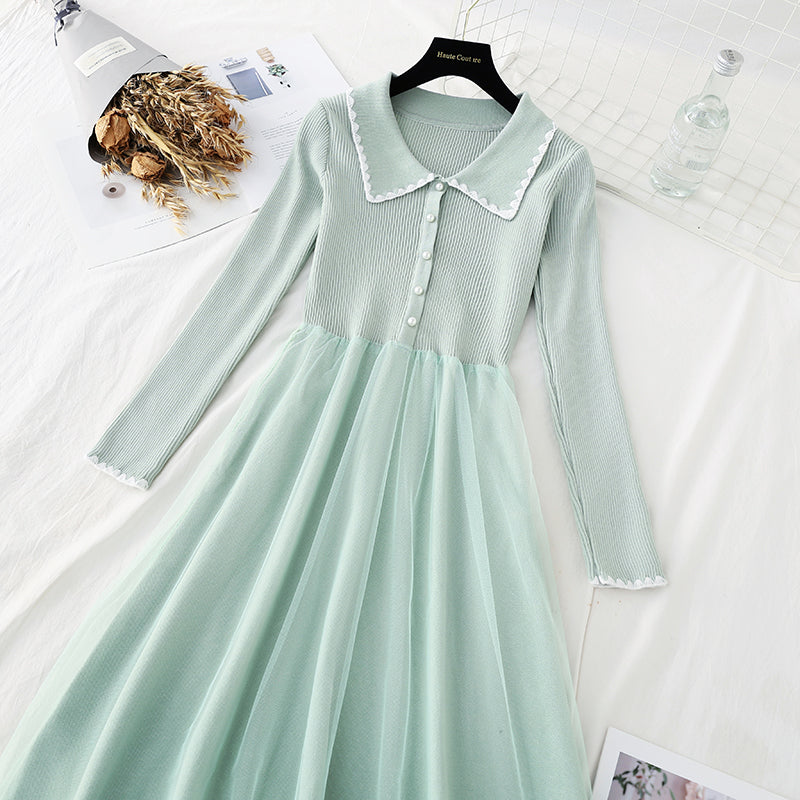 New age reduced doll neck mesh stitched knee length sweater skirt  4738