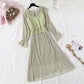 Long sleeved chiffon skirt + suspender knitted sweater vest suit  4448