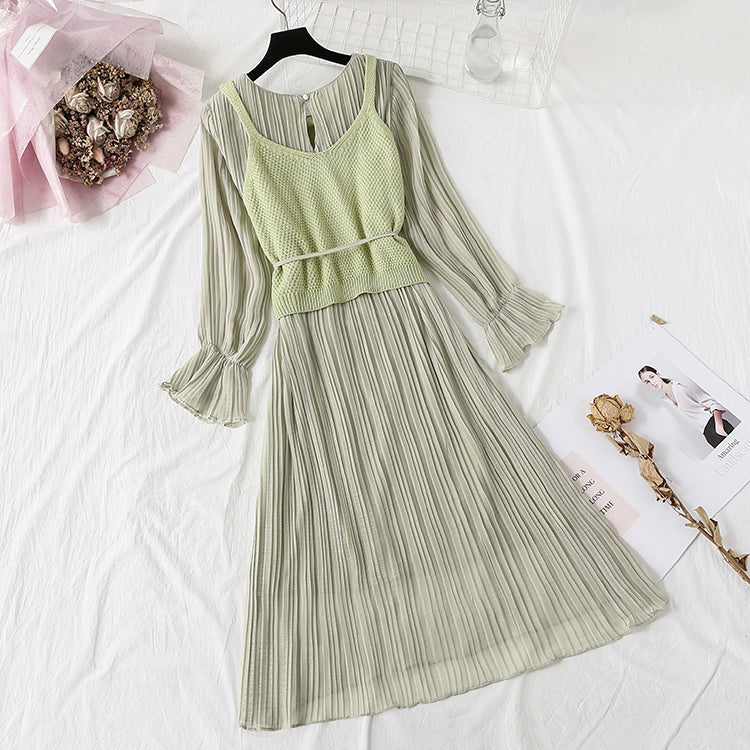 Long sleeved chiffon skirt + suspender knitted sweater vest suit  4448