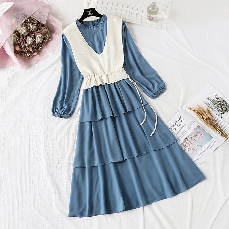 Knitted vest bottomed cake long skirt two-piece suit foreign style  3928