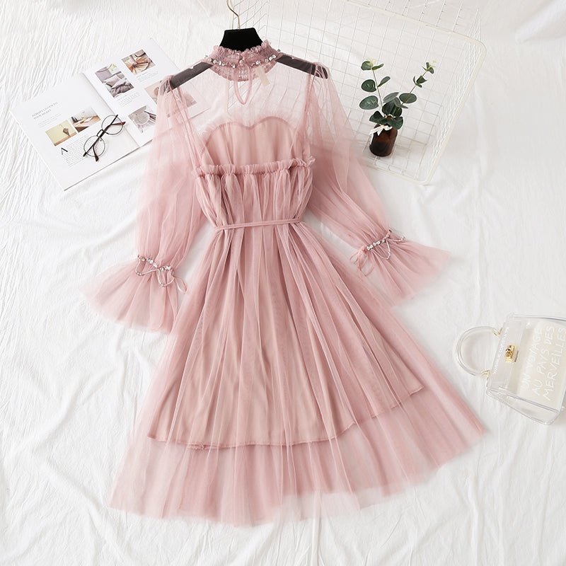 Mesh dress with Beaded long sleeve lace  4307