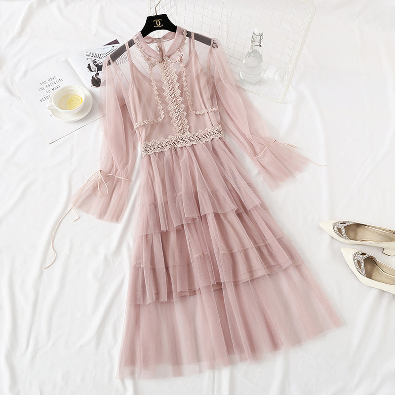 Small retro doll skirt heavy industry lace mesh cake dress  4460