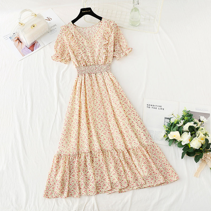 New French gentle style V-neck fungus edge Chiffon temperament small skirt  4858