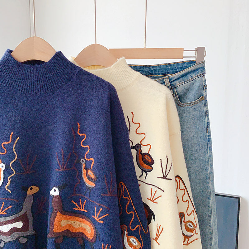 Pullover mit schwerer Industriestickerei im Retro-Hongkong-Stil mit halbhohem Kragen 5160