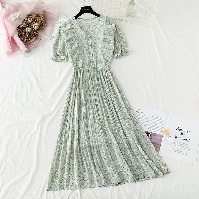 Small fresh sweet floral dress French temperament small skirt  4882