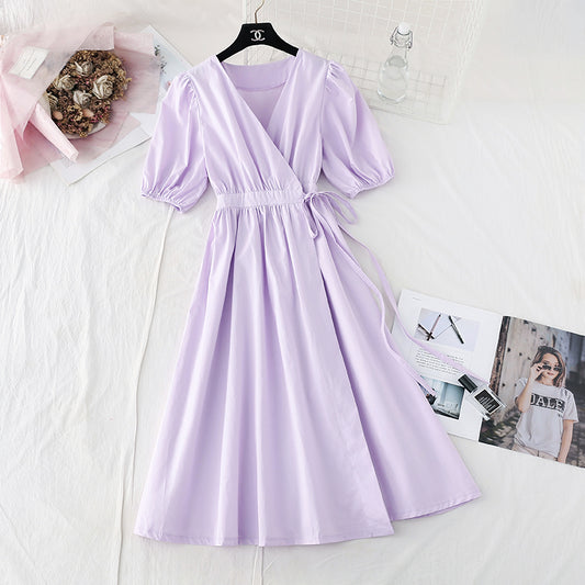 Lace up waist for thin temperament French retro bubble sleeve long skirt  4146