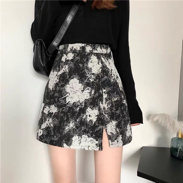 Jupe de peinture à l'huile, nouveau style, taille haute, jupe courte, jupe fesse, jupe trapèze fendue 3558