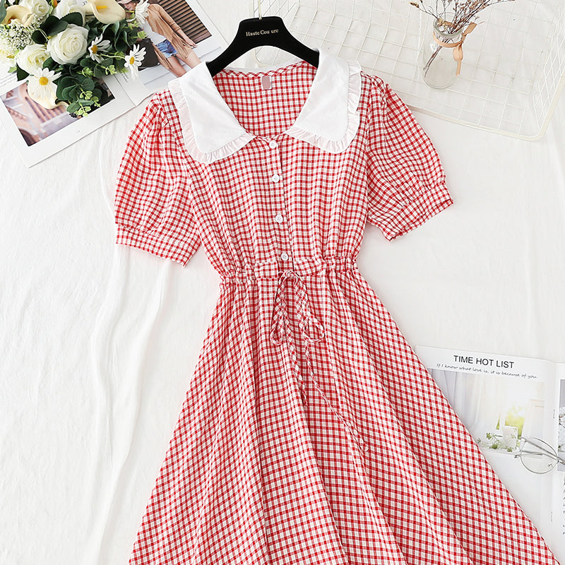 Skinny belly covering lace up French doll neck plaid skirt 4902 ...