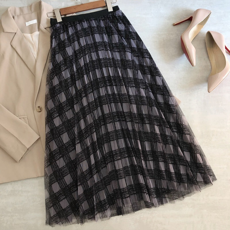 New gauze skirt, plaid print high waist skirt, long pleated skirt  3703